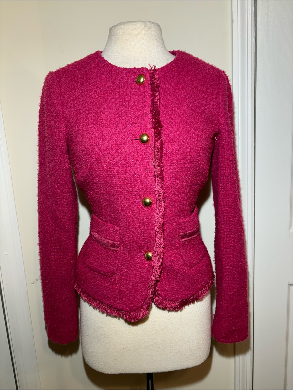 Talbots Fuchsia Bouclé Fringe Jacket with Gold Buttons